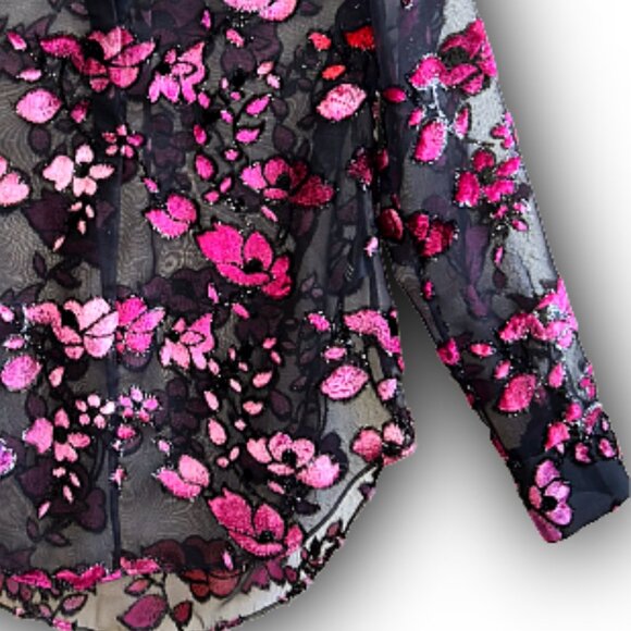Alice + Olivia Velvet Flocked Sheer Chiffon Designer Blouse XS Black Seen on TV - Picture 3 of 13